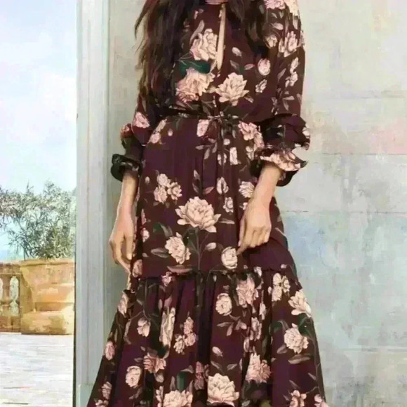 JOHNNA ORTIZ X H&M Crepe Frill Floral Maxi Dress, 3/4 sleeve, Size L - Picture 2 of 9